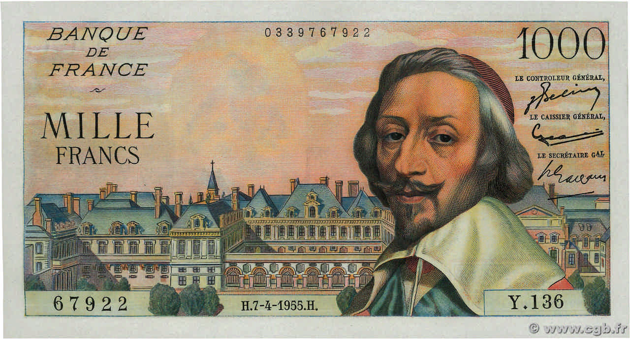 1000 Francs RICHELIEU FRANCE  1955 F.42.12 UNC