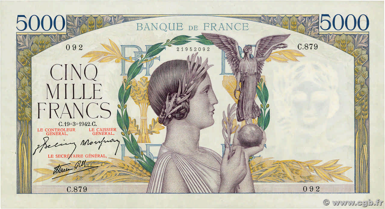 5000 Francs VICTOIRE Impression à plat FRANCE  1942 F.46.35 XF+