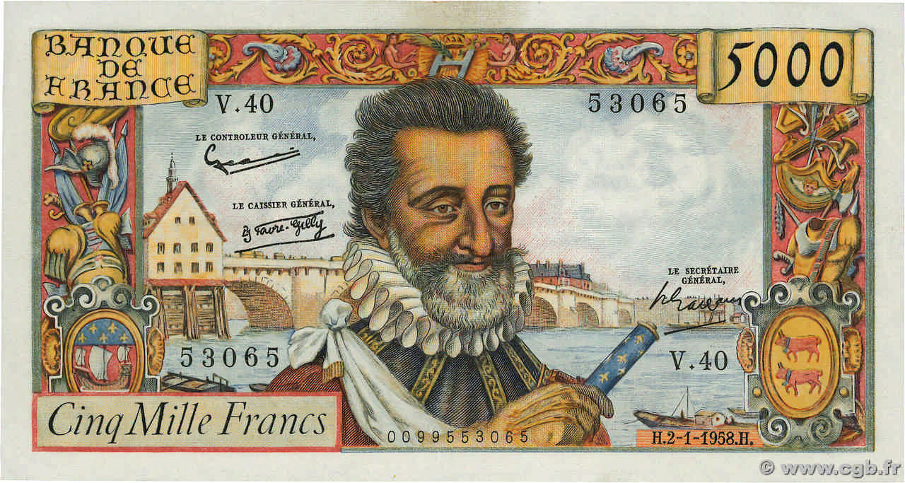 5000 Francs HENRI IV FRANCIA  1958 F.49.05 MBC