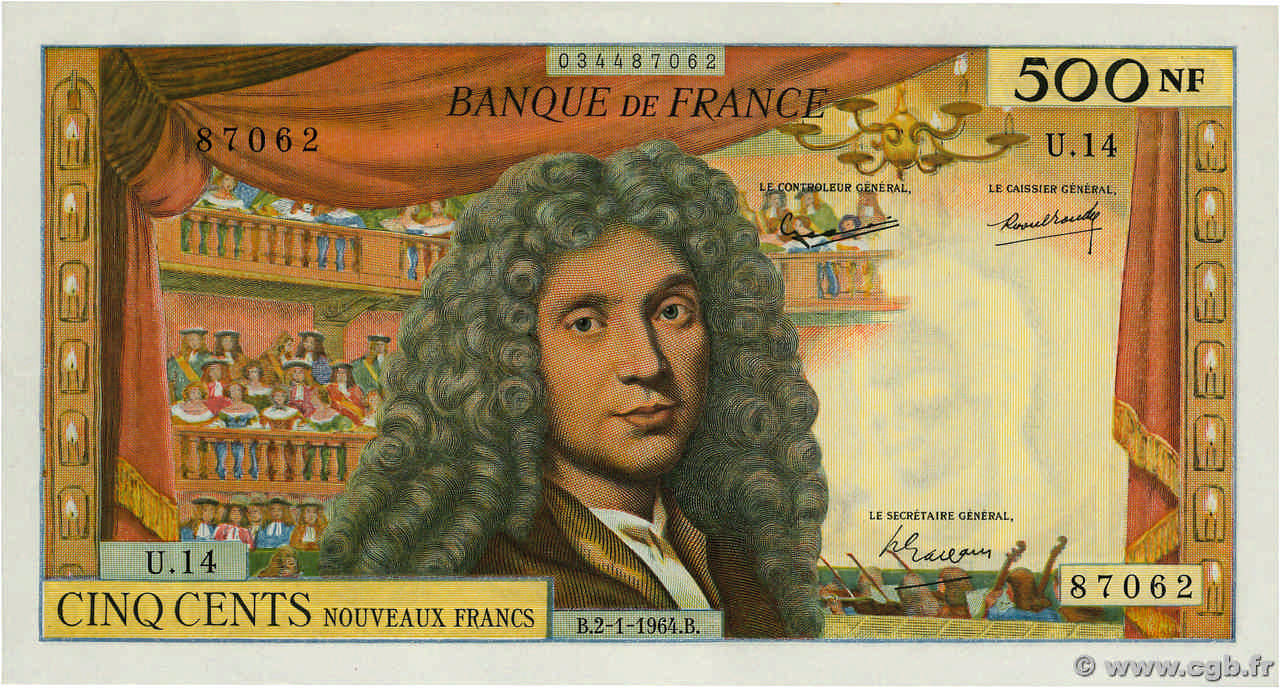 500 Nouveaux Francs MOLIÈRE FRANCE  1964 F.60.06 AU-