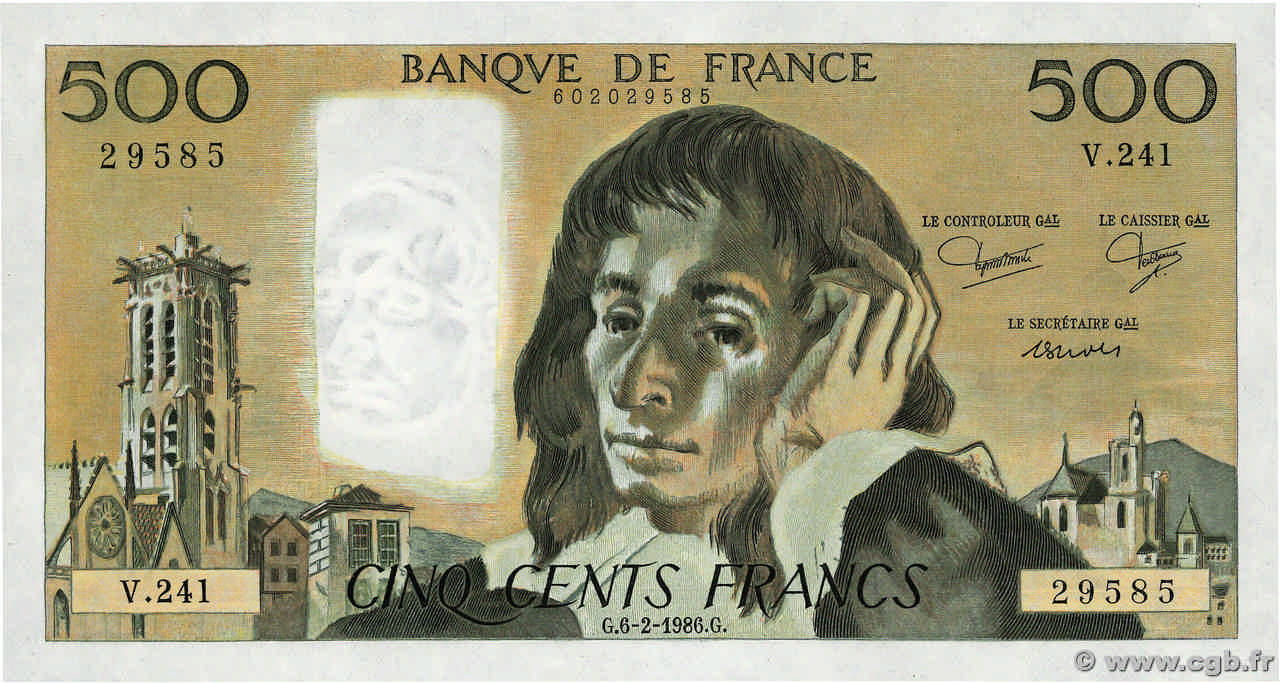 500 Francs PASCAL FRANKREICH  1986 F.71.34 ST