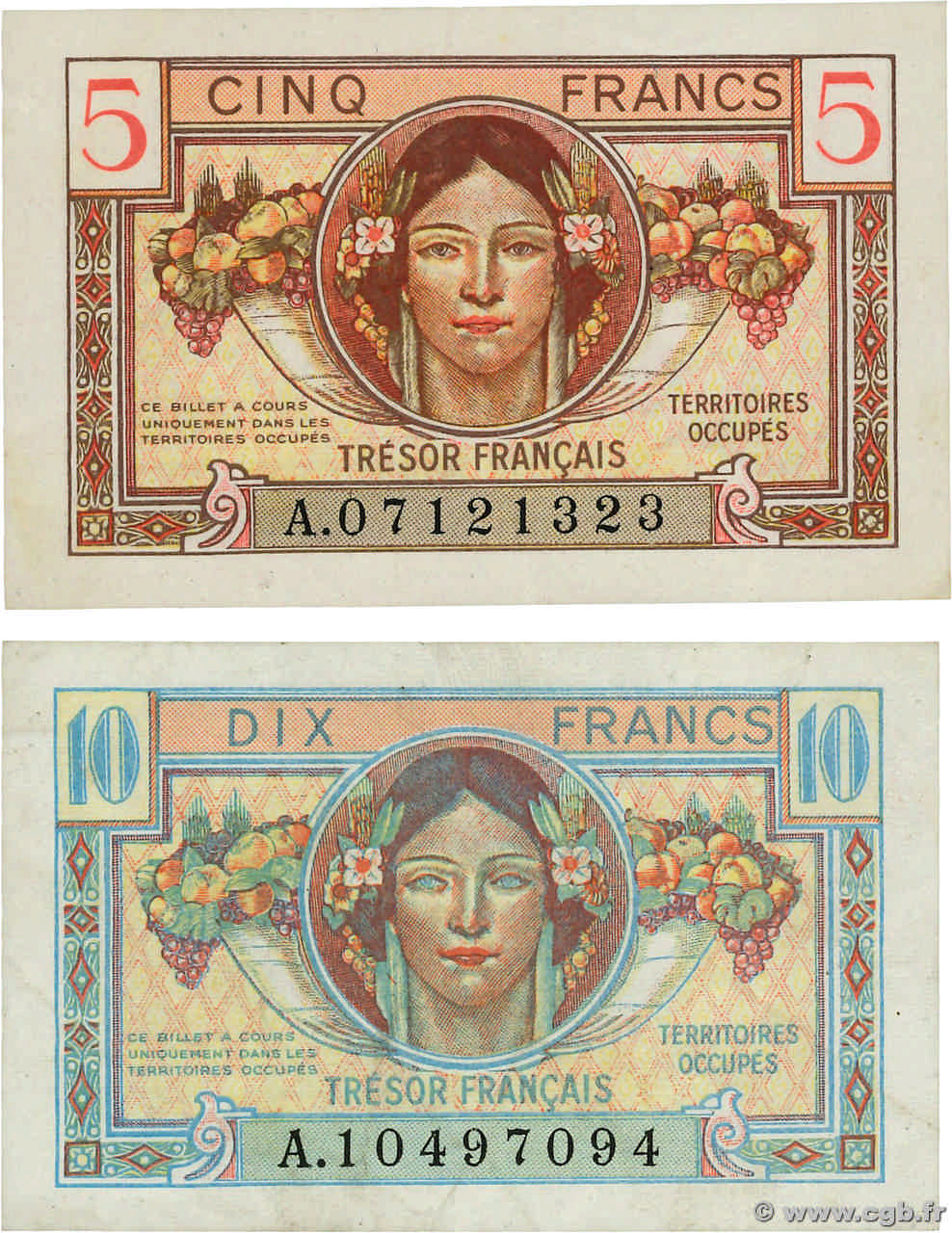 5 et 10 Francs TRÉSOR FRANÇAIS Lot FRANCE  1947 VF.29.01 et et VF.30.01 TTB