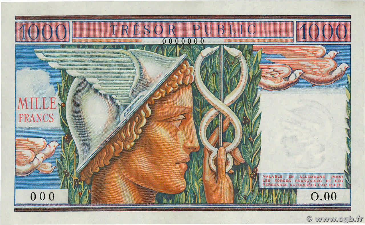 1000 Francs TRÉSOR PUBLIC Spécimen FRANCIA  1955 VF.35.00S FDC