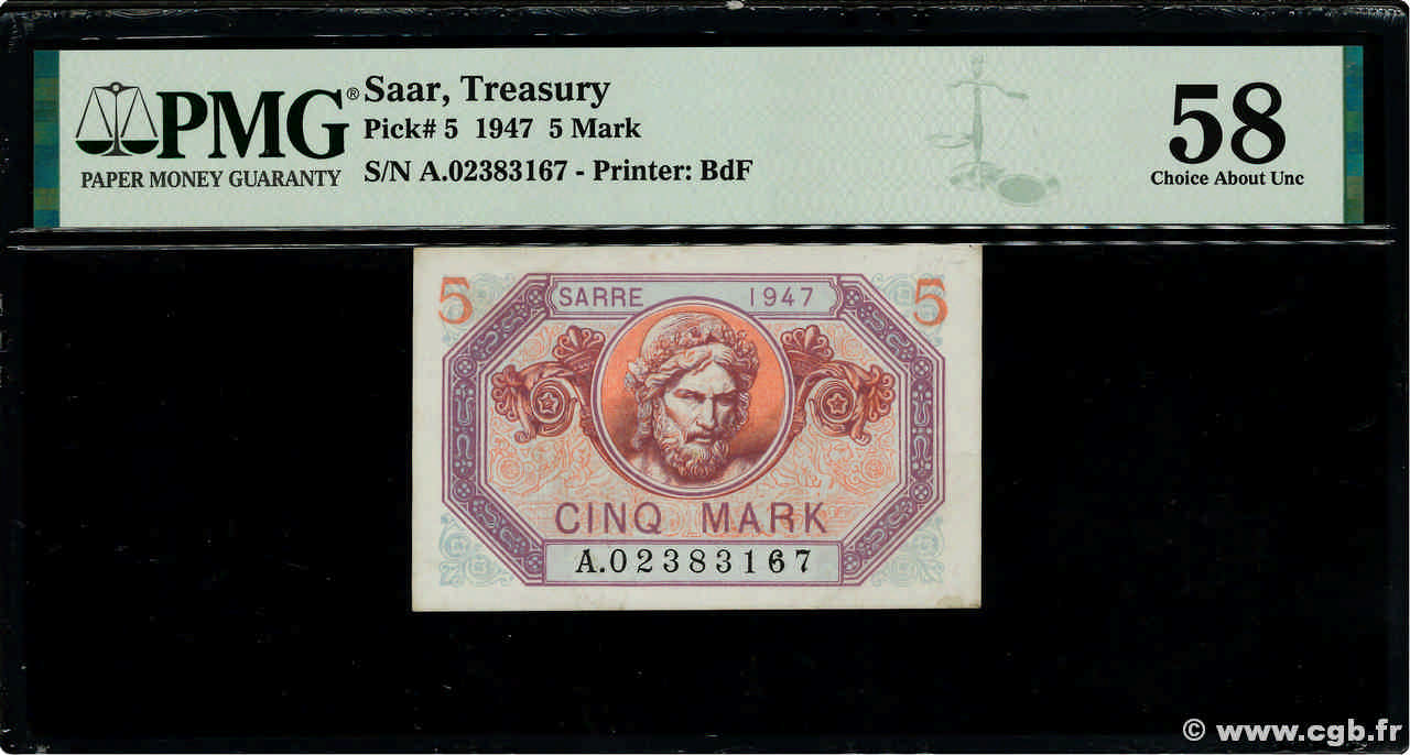5 Mark SARRE FRANCIA  1947 VF.46.01 AU
