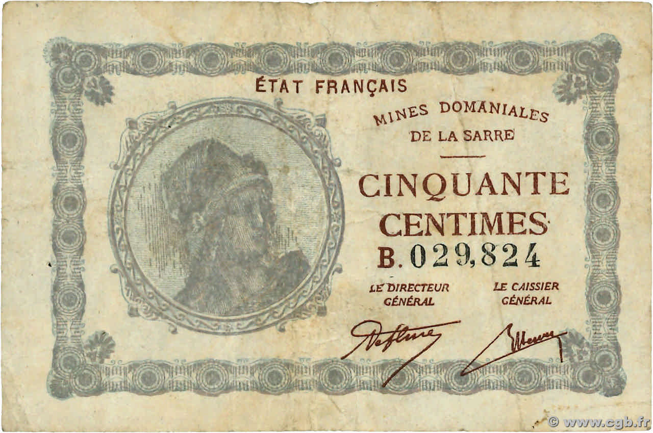 50 Centimes MINES DOMANIALES DE LA SARRE FRANCE  1920 VF.50.02 pr.TB