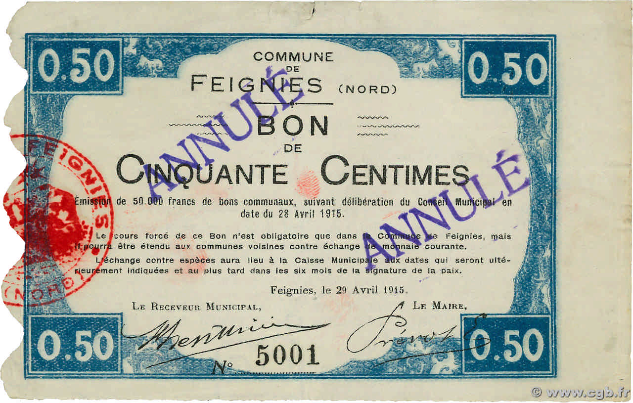 50 Centimes Annulé FRANCE Regionalismus und verschiedenen Feignies 1914 JP.59-0934 SS
