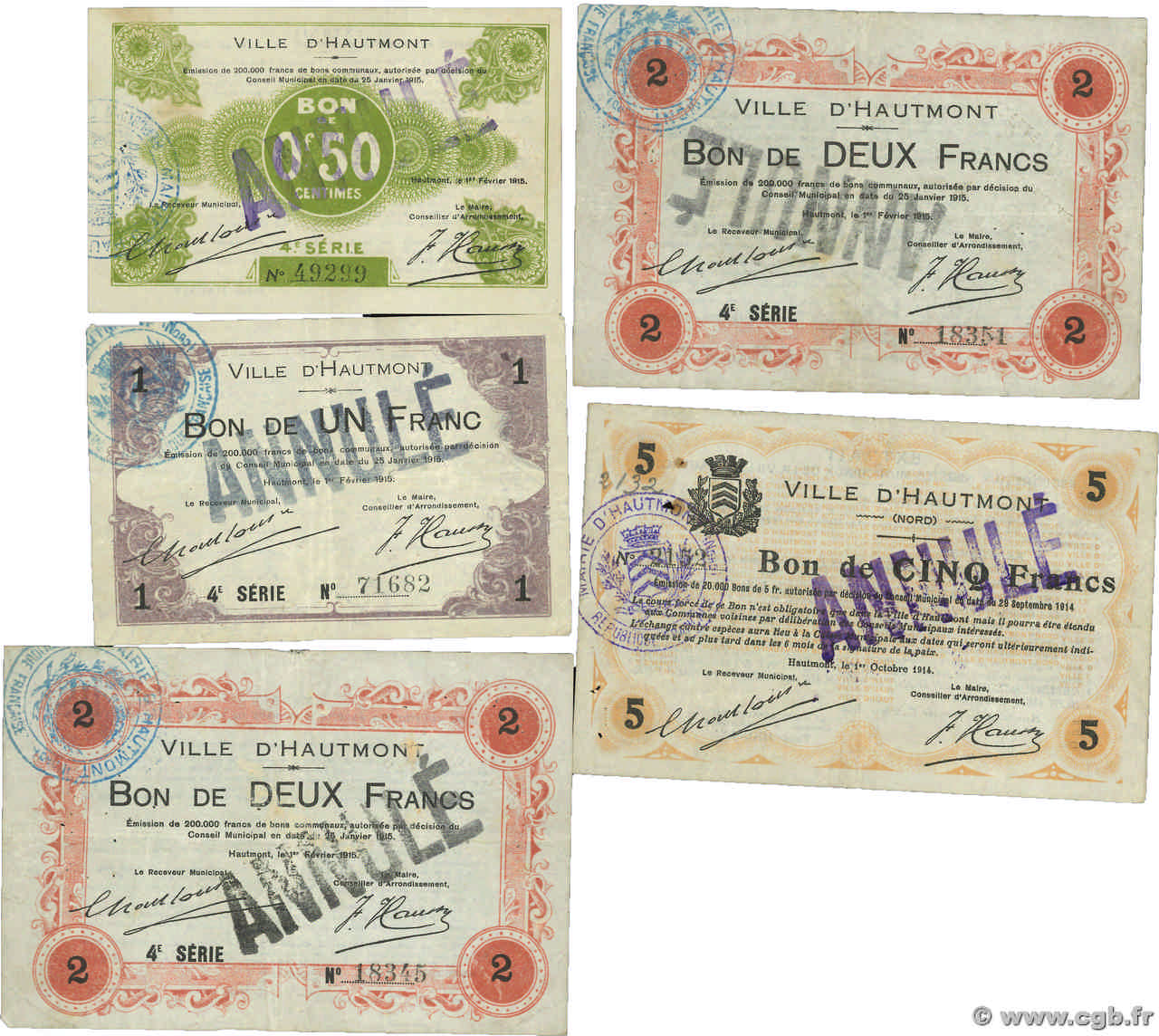 50 Centimes, 1, 2 et 5 Francs Annulé FRANCE regionalismo e varie Hautmont 1914 JP.59-1291/1296/1298/1300 MB a BB
