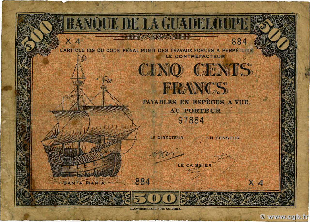 500 Francs GUADELOUPE  1943 P.24a fSGE