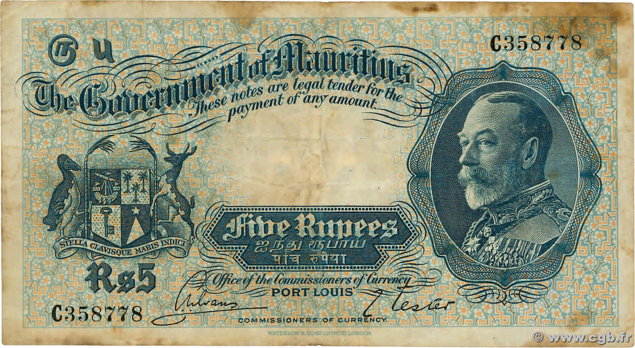 5 Rupees ÎLE MAURICE  1930 P.20 TB