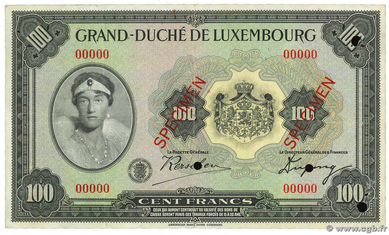 100 Francs Spécimen LUSSEMBURGO  1934 P.39s BB
