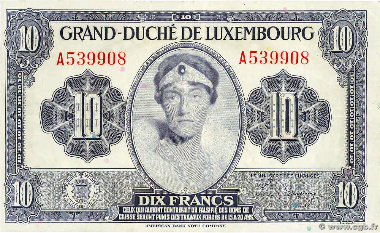 10 Francs LUXEMBOURG  1944 P.44a TTB