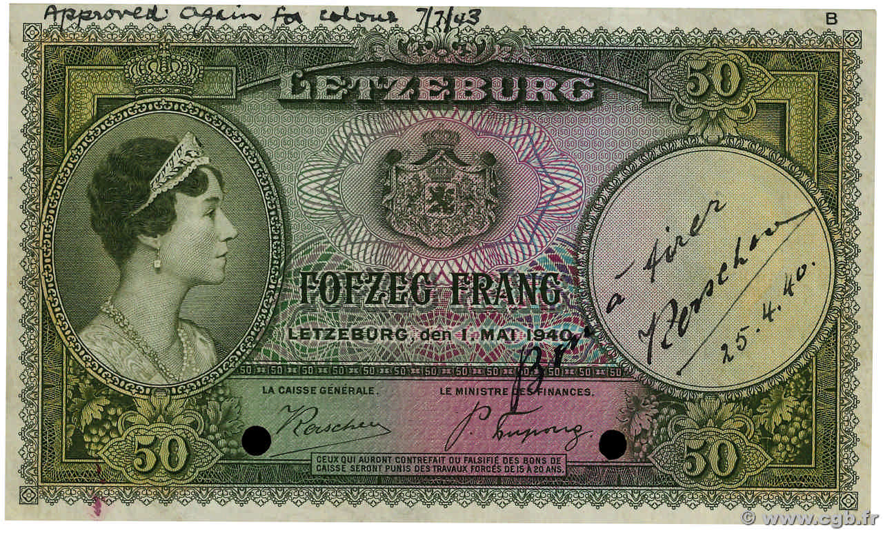 50 Francs Épreuve LUXEMBURGO  1940 P.45(var/e) MBC