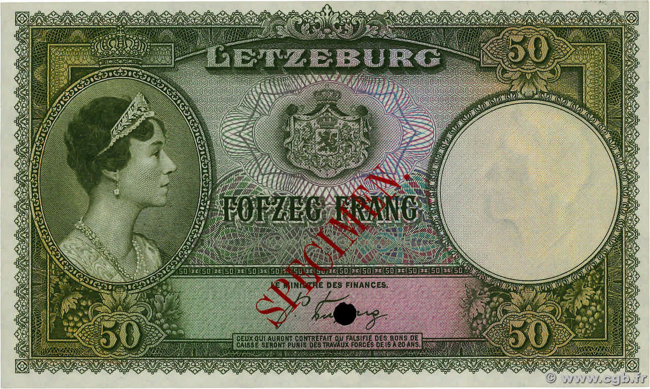 50 Francs Spécimen LUXEMBURGO  1944 P.45s SC+