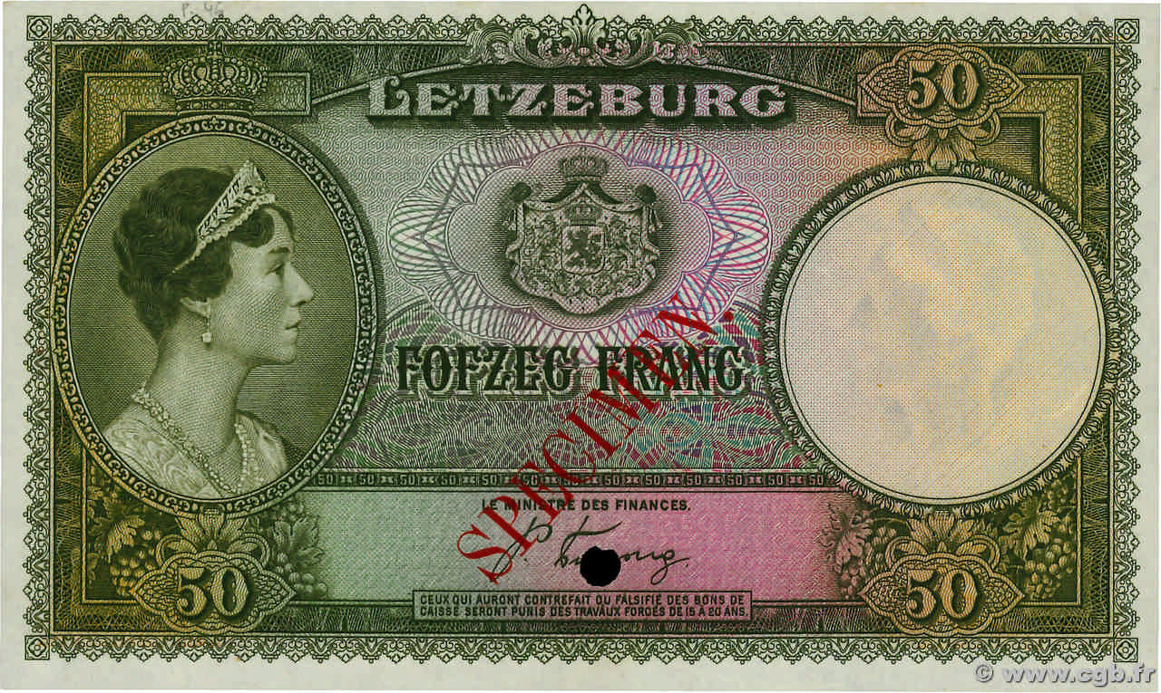50 Francs Spécimen LUXEMBOURG  1944 P.45s AU