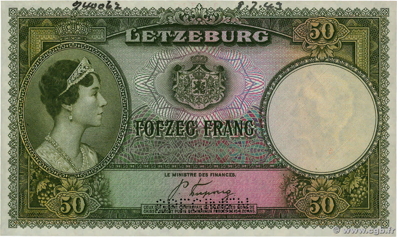 50 Francs Spécimen LUXEMBURGO  1944 P.45s SC