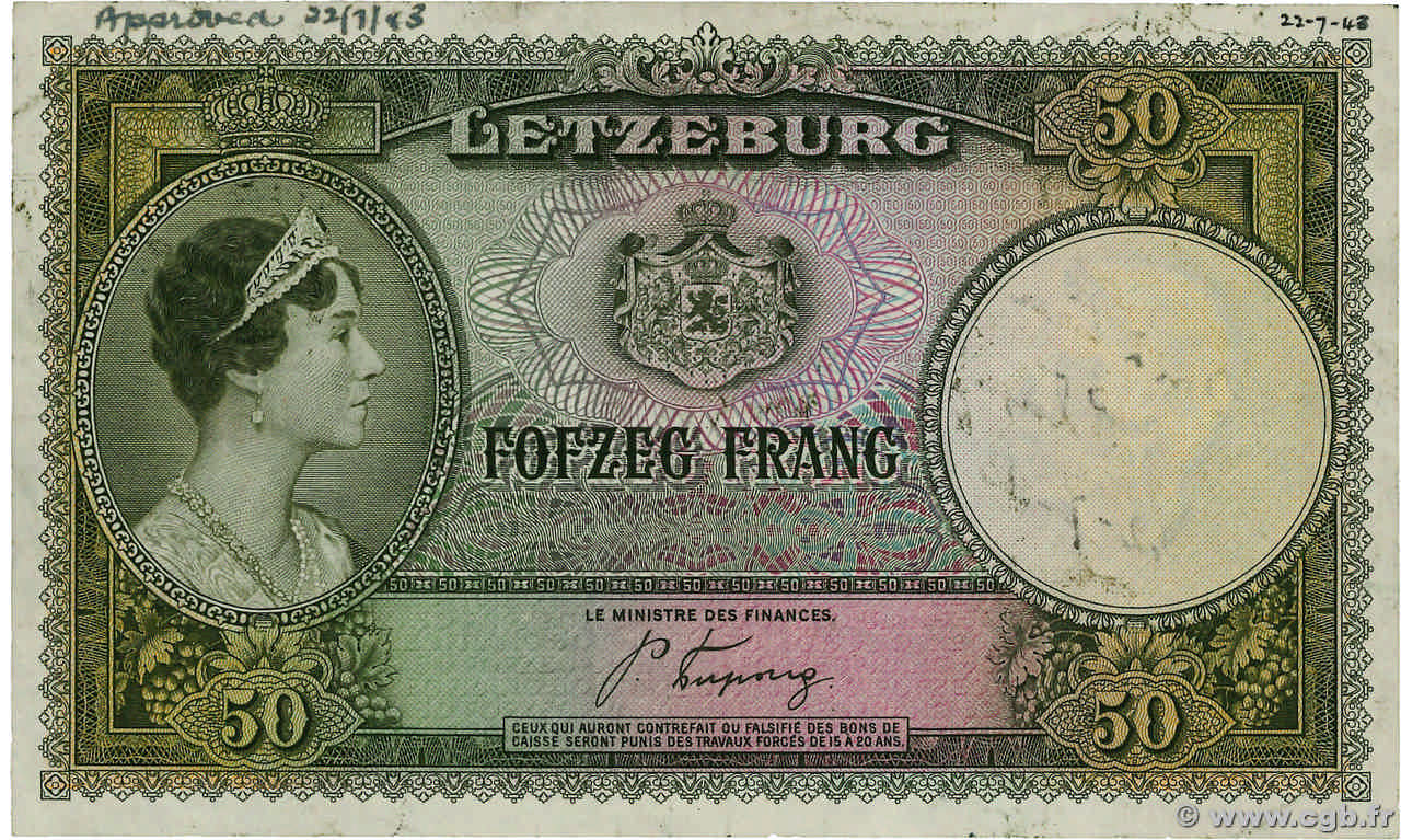 50 Francs Épreuve LUSSEMBURGO  1944 P.46e BB