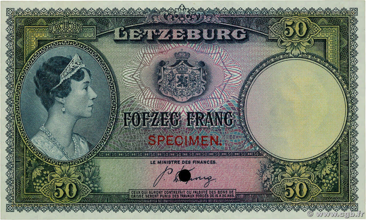 50 Francs Spécimen LUXEMBURGO  1944 P.46sct FDC