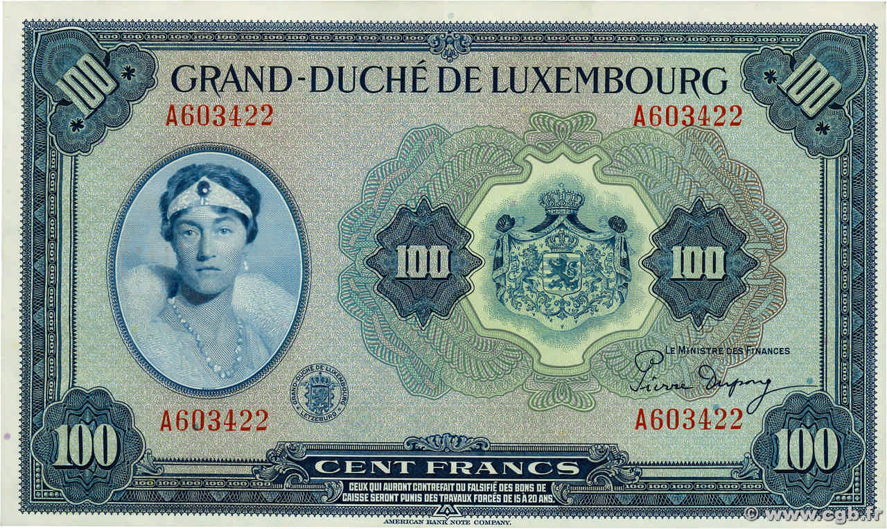 100 Francs LUSSEMBURGO  1944 P.47a q.FDC