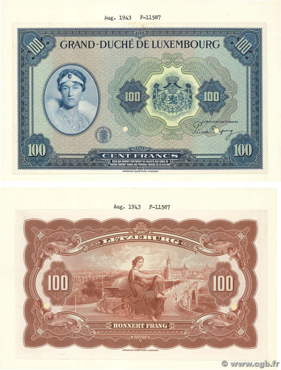 100 Francs Épreuve LUXEMBOURG  1944 P.47e pr.NEUF