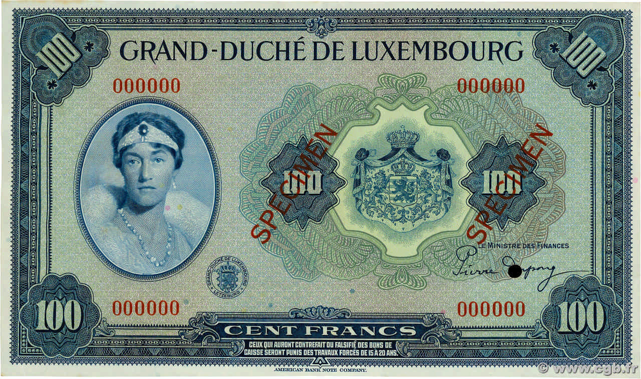 100 Francs Spécimen LUXEMBOURG  1944 P.47s AU