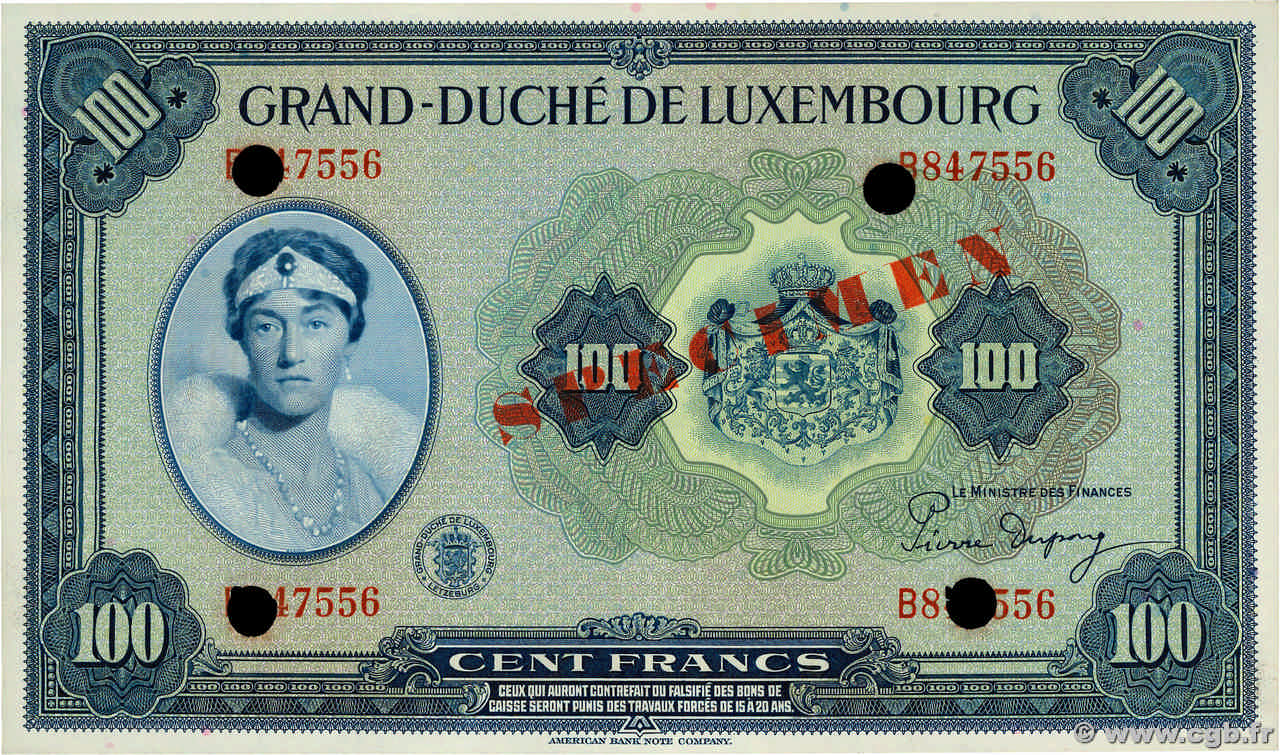 100 Francs Spécimen LUXEMBURG  1944 P.47s ST