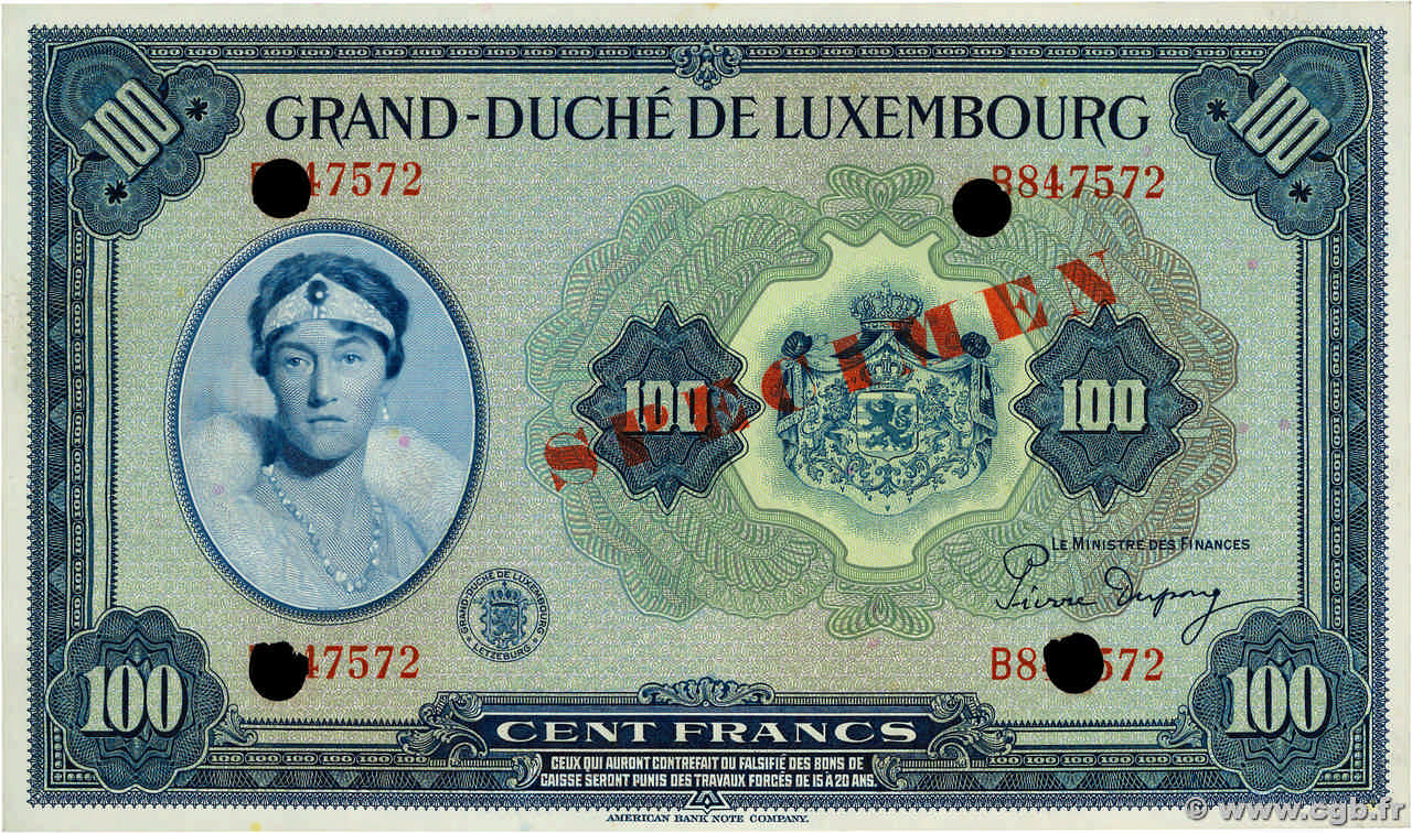 100 Francs Spécimen LUXEMBOURG  1944 P.47s NEUF