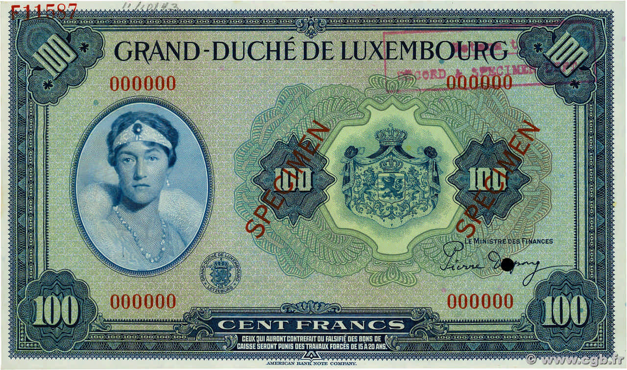 100 Francs Spécimen LUXEMBURGO  1944 P.47s SC+