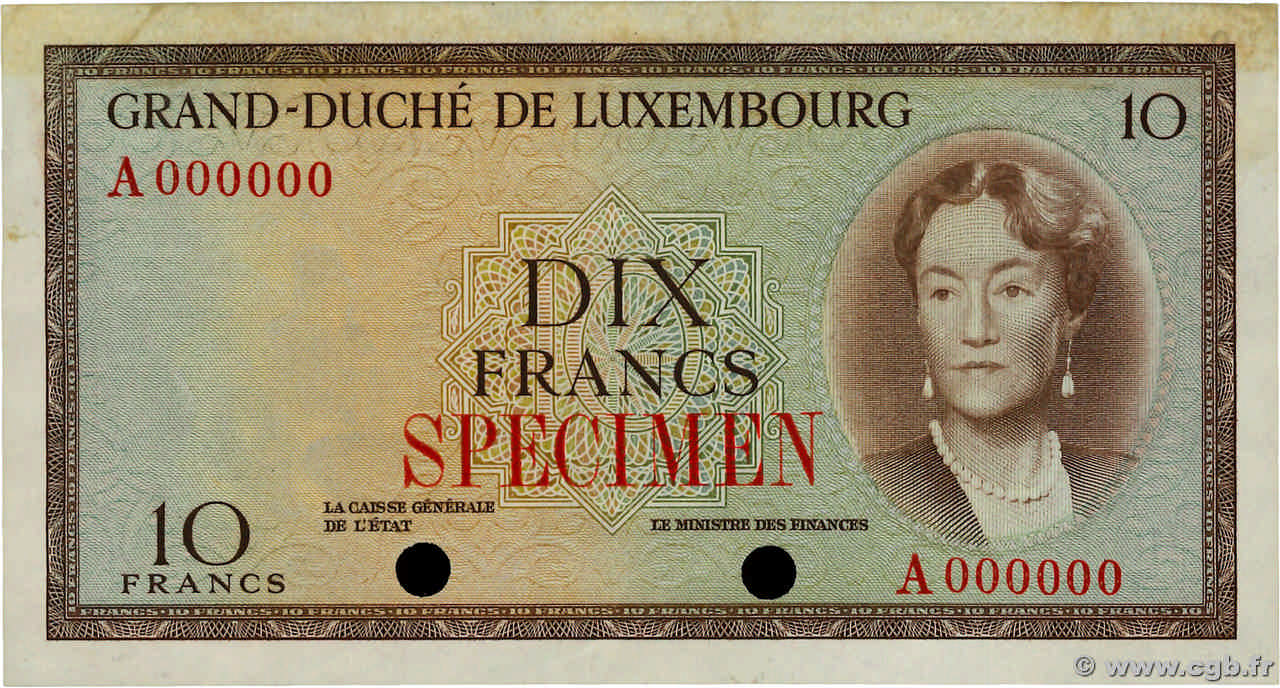 10 Francs Spécimen LUXEMBOURG  1954 P.48sct XF