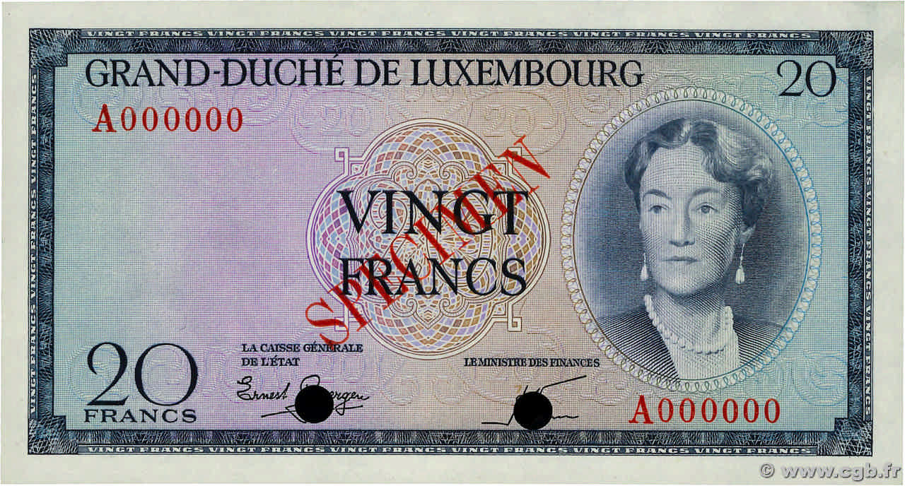 20 Francs Spécimen LUSSEMBURGO  1955 P.49s FDC