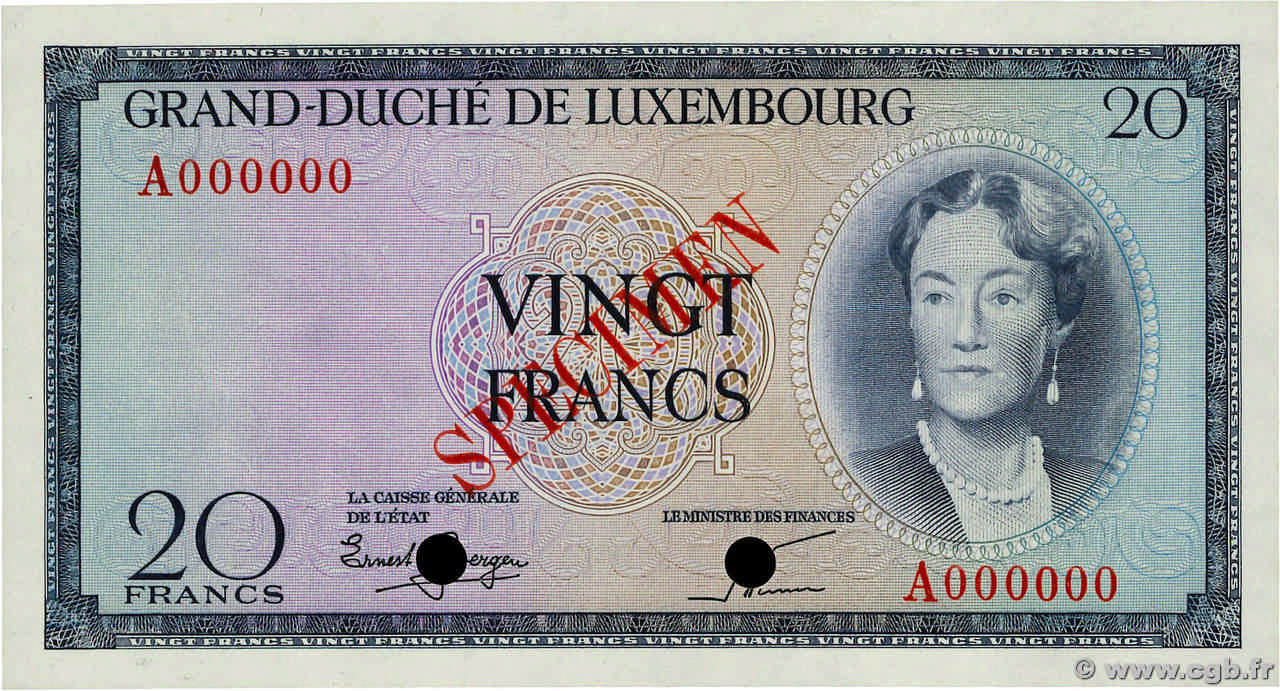 20 Francs Spécimen LUSSEMBURGO  1955 P.49s FDC
