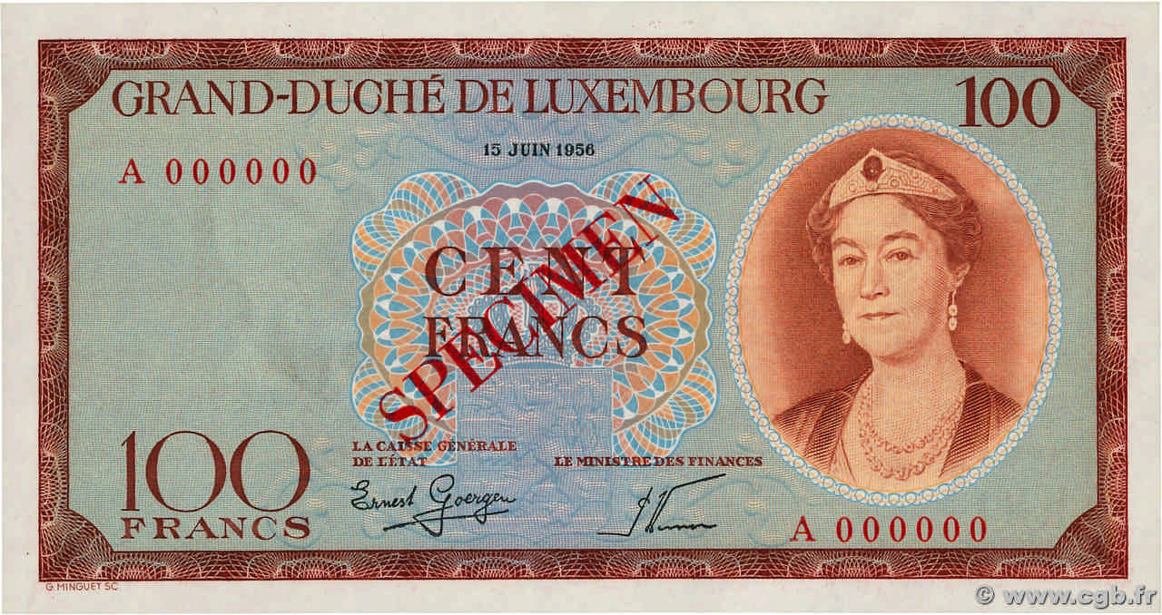 100 Francs Spécimen LUSSEMBURGO  1956 P.50s FDC
