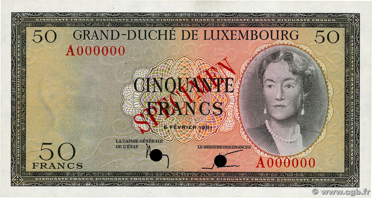 50 Francs Spécimen LUXEMBURG  1961 P.51s fST