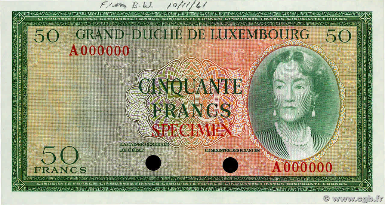 50 Francs Spécimen LUXEMBURGO  1961 P.51sct SC+