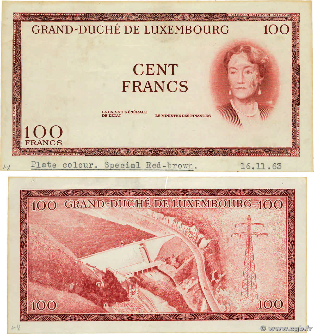 100 Francs Épreuve LUSSEMBURGO  1963 P.52e SPL