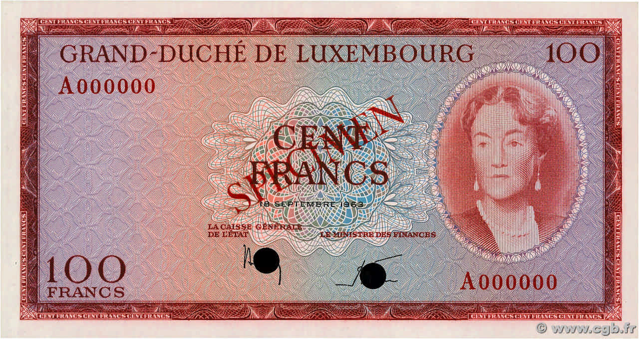 100 Francs Spécimen LUXEMBOURG  1963 P.52s UNC