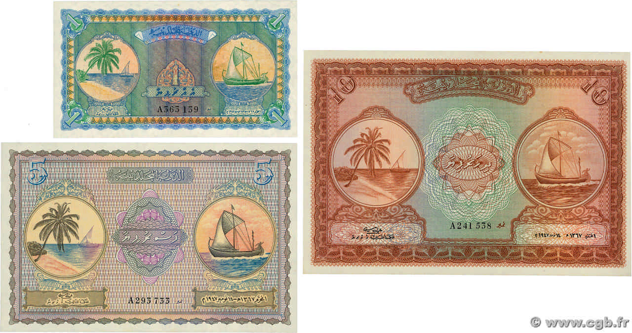 1, 5 et 10 Rupees Lot MALDIVE ISLANDS  1960 P.02a, P.04a et  P.05a UNC