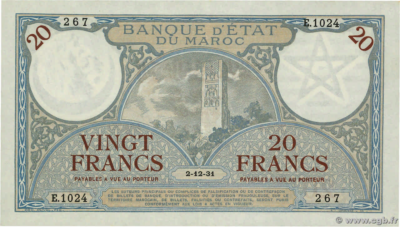 20 Francs MAROCCO  1931 P.18a q.AU