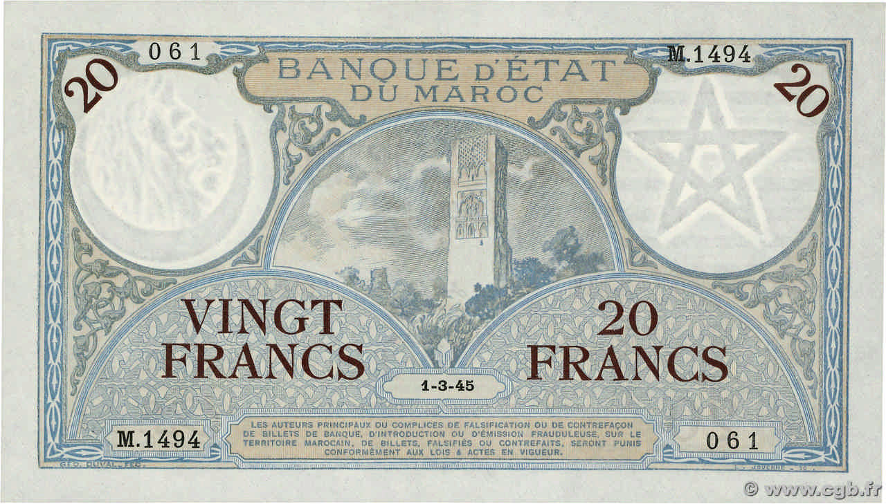20 Francs MAROKKO  1945 P.18b fST+