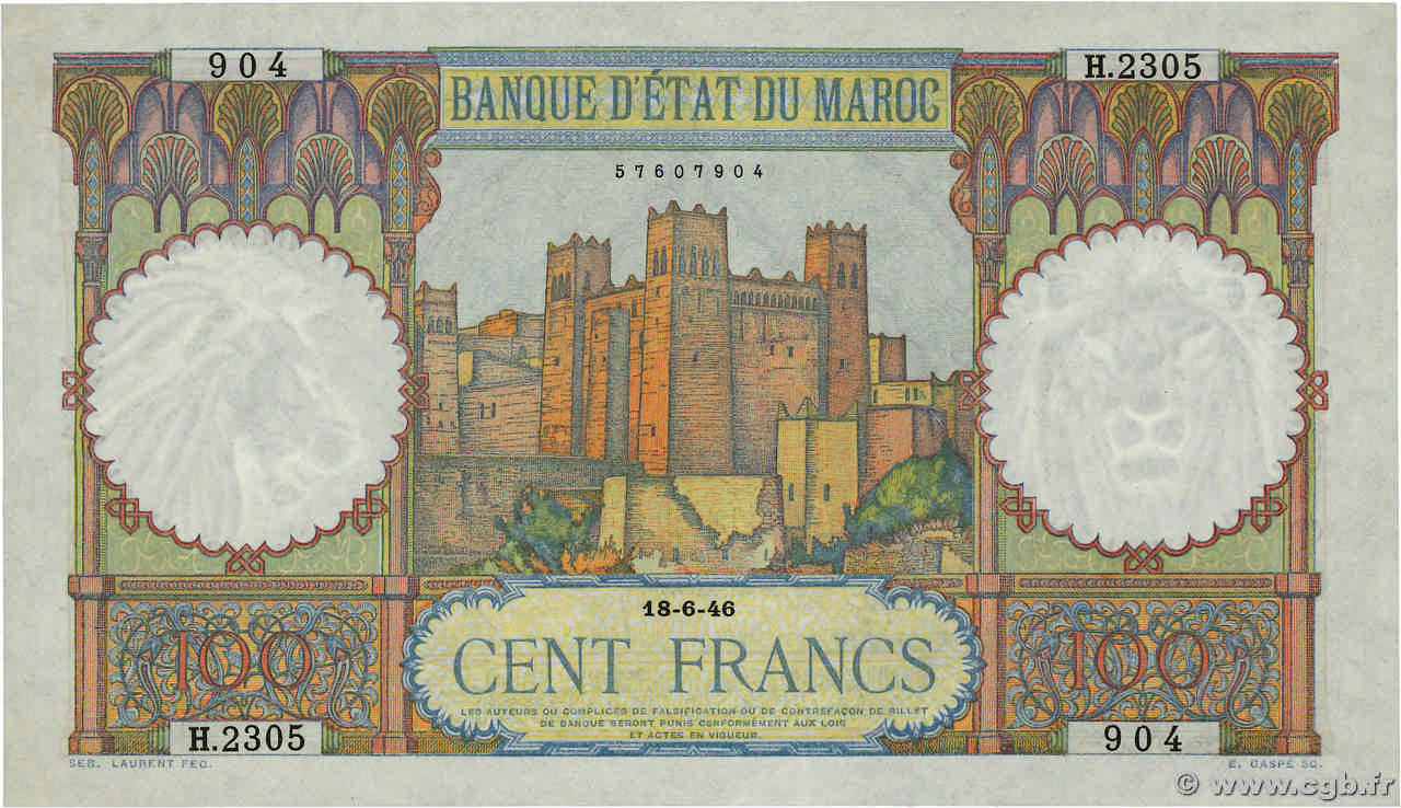 100 Francs MAROCCO  1946 P.20 AU+