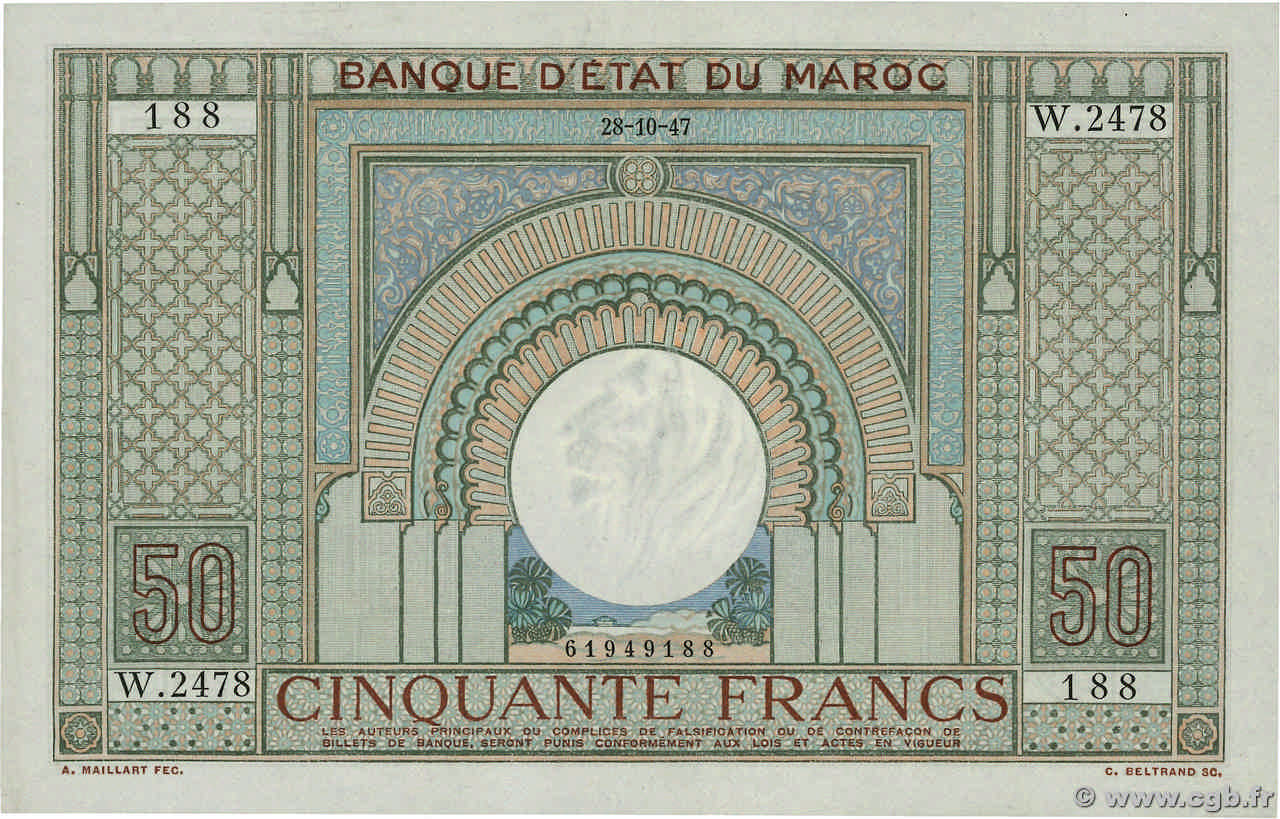 50 Francs MOROCCO  1947 P.21 XF