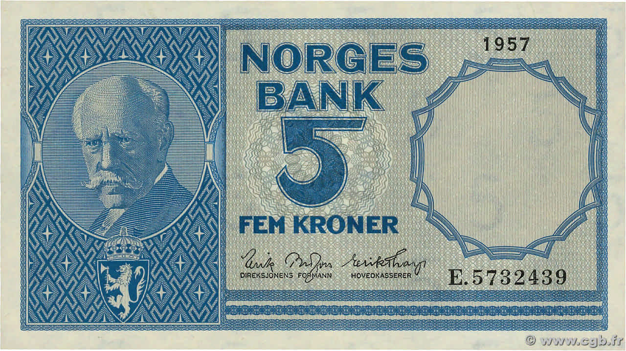 5 Kroner NORVÈGE  1957 P.30c AU