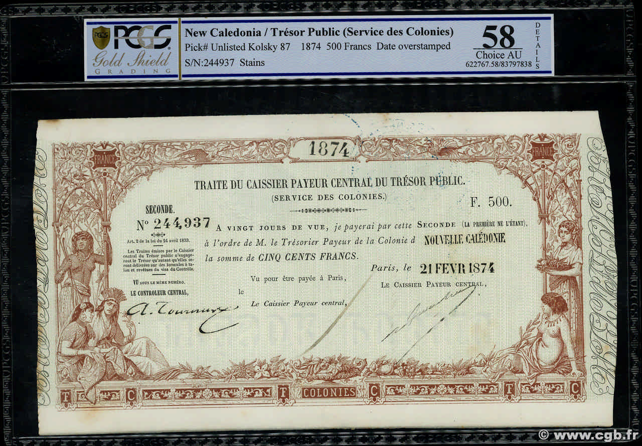 500 Francs NOUVELLE CALÉDONIE  1874 P. fST