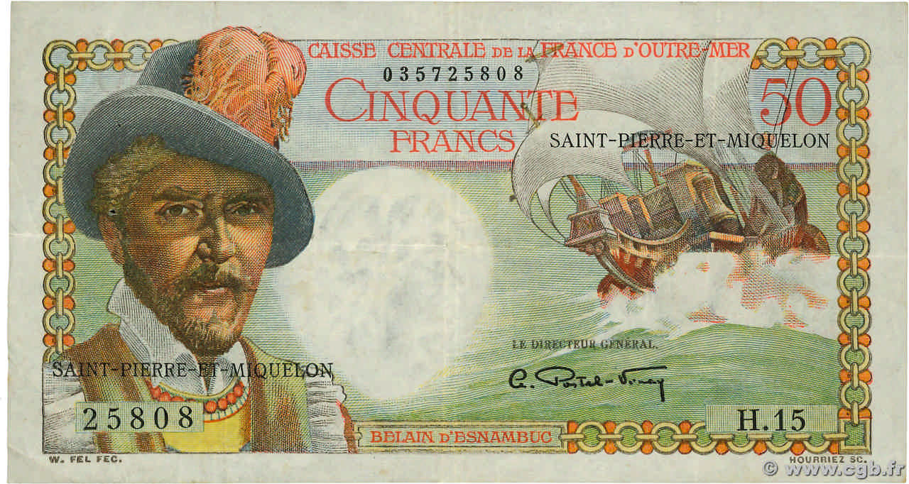 50 Francs Belain d Esnambuc SAN PEDRO Y MIGUELóN  1946 P.25 MBC