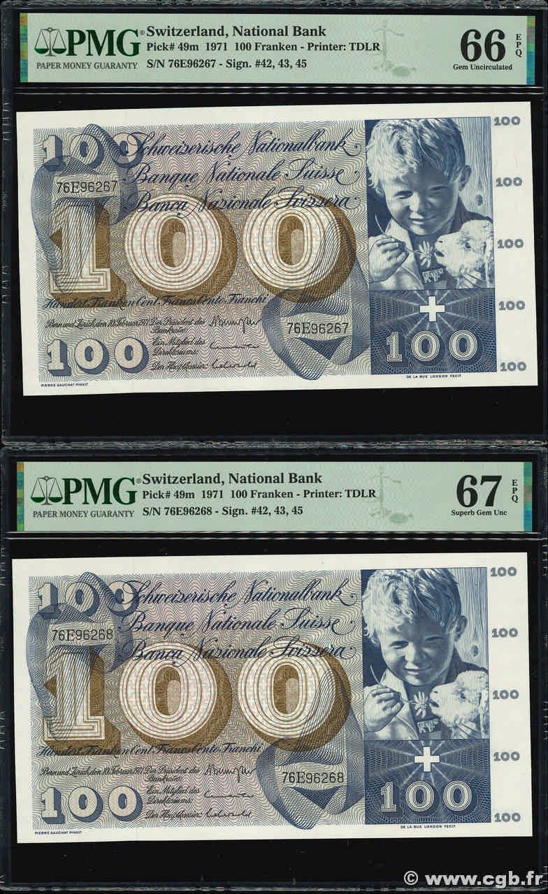 100 Francs Consécutifs SUISSE  1971 P.49m UNC