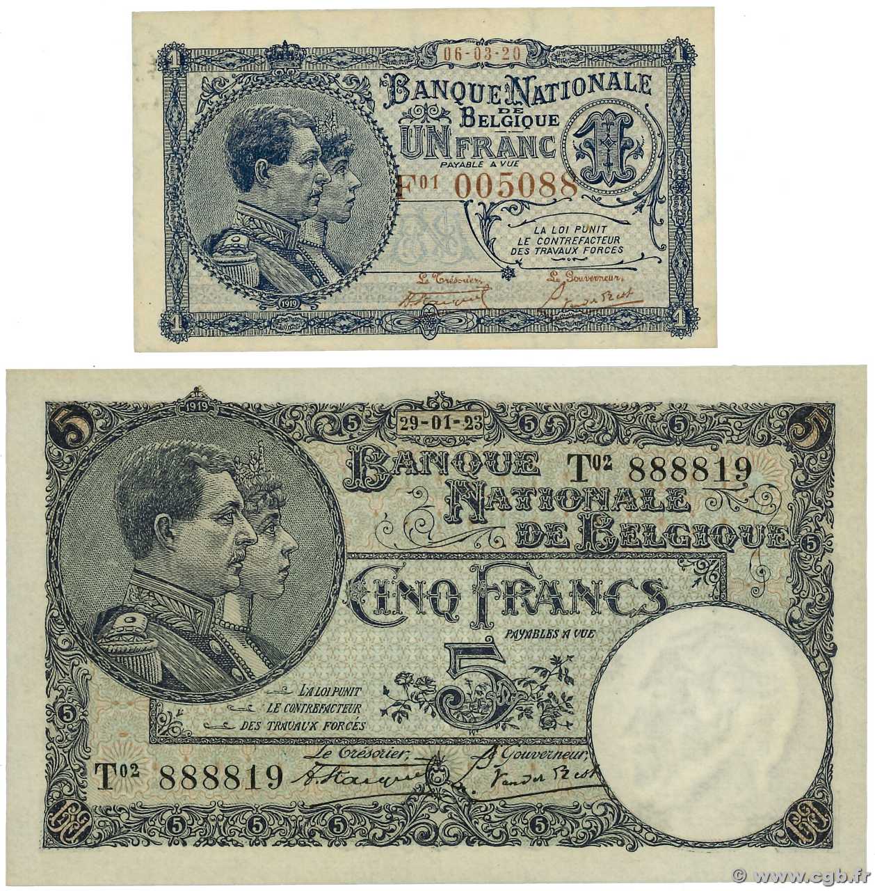 1 et 5 Francs Lot BELGIQUE  1923 P.092 et P.093 SPL+