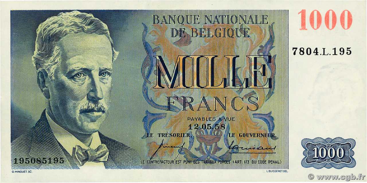 1000 Francs BELGIQUE  1958 P.131 SUP+