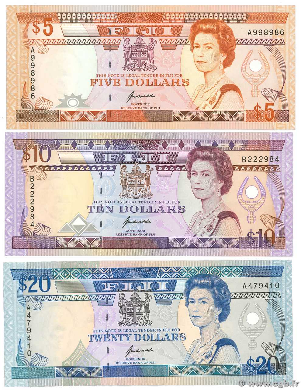 5, 10 et 20 Dollars Lot FIDJI  1992 P.093a, P.094a et P.095a NEUF