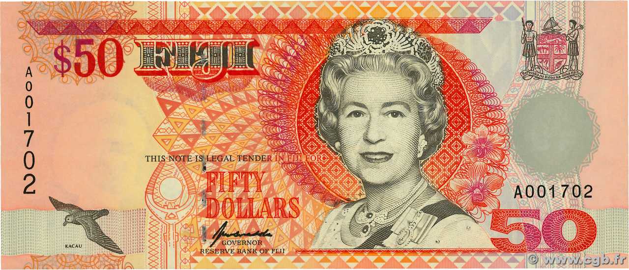 50 Dollars Petit numéro FIJI  1996 P.100a UNC