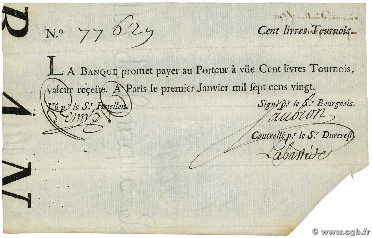 100 Livres Tournois typographié FRANCE  1720 Dor.25 VF+