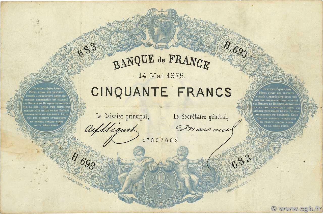 50 Francs type 1868 - Bleu à indices Noirs FRANCIA  1875 F.A38.09 BC